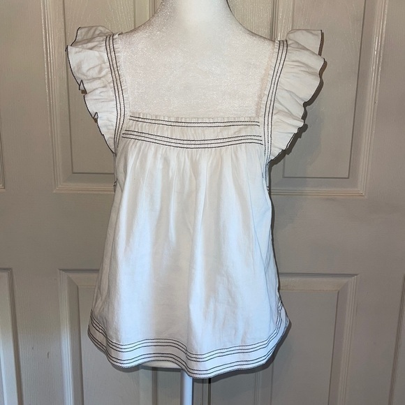 NWT Magali Pascal White With Black Stitching Ruffled Cap Sleeve Top - Picture 1 of 6